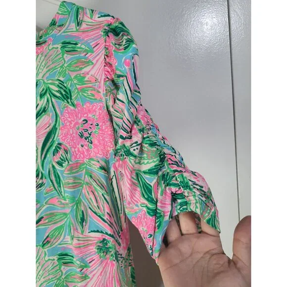 Lilly Pulitzer Belden Ruched Elbow Sleeve Dress Womens LG Floral Spring Preppy - Picture 3 of 9